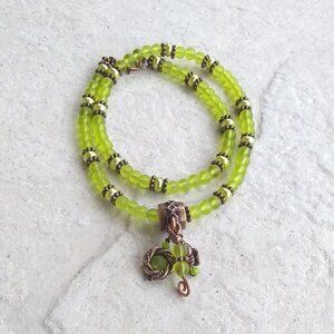 Wrap Bracelet! Dainty Slim + Feminine! Green Glass Beads + Faux Pearls + Copper